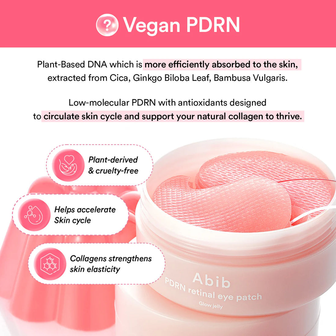 Vegan PDRN eye patch packaging with text on a pink background