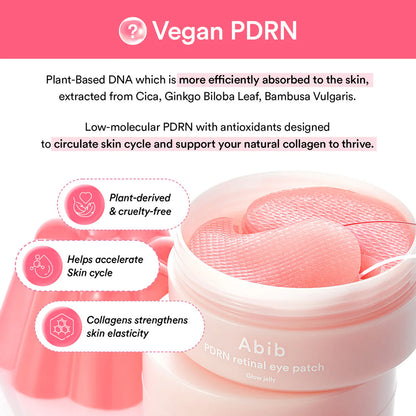 Vegan PDRN eye patch packaging with text on a pink background