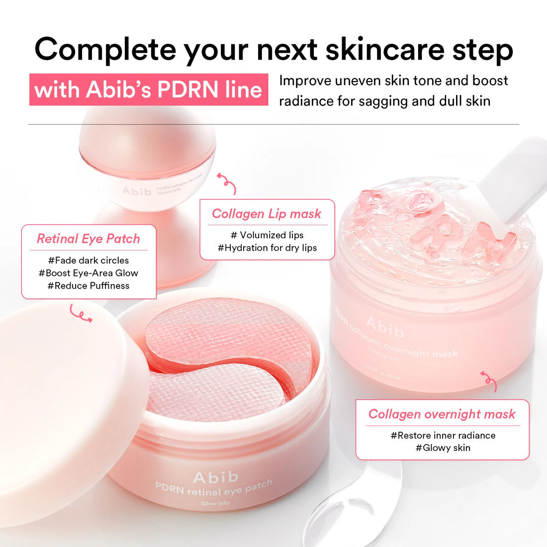 Abib skincare products including eye patches, lip mask, and overnight mask with text on a white background.