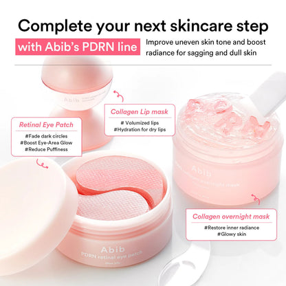 Abib skincare products including eye patches, lip mask, and overnight mask with text on a white background.