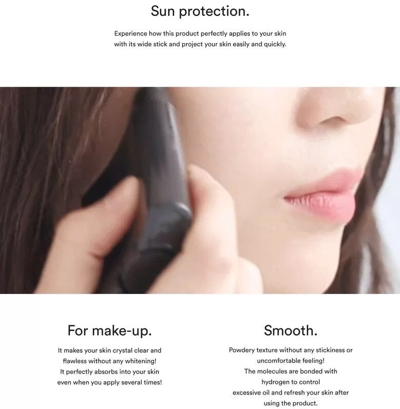 Person using a skin care product on their face with text about sun protection and product features.