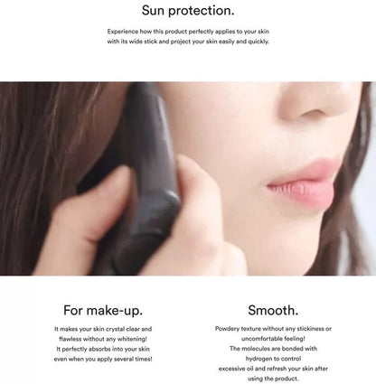 Person using a skin care product on their face with text about sun protection and product features.