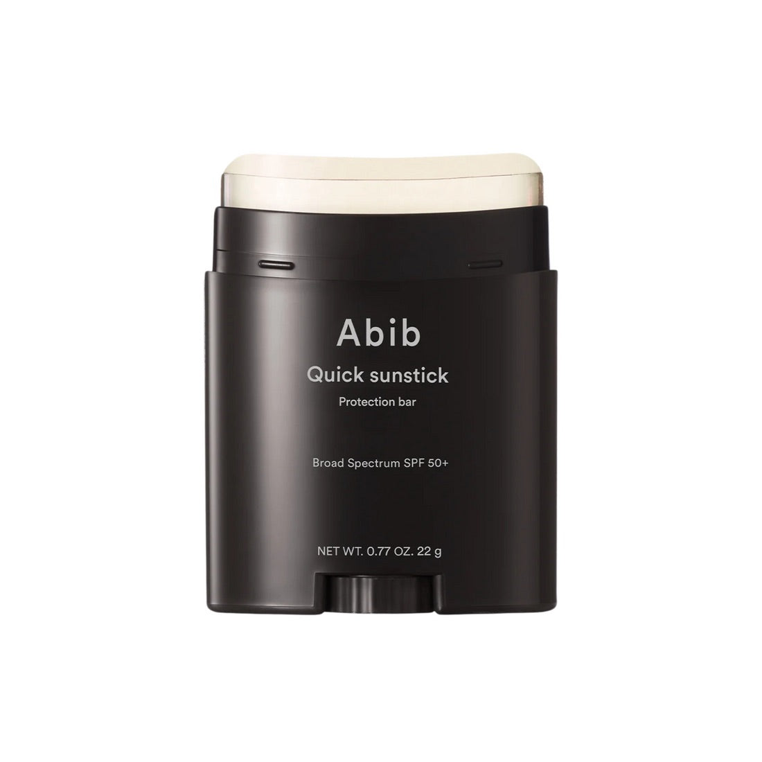 Black sunstick container with white lid labeled 'Abib Quick sunstick' on a white background