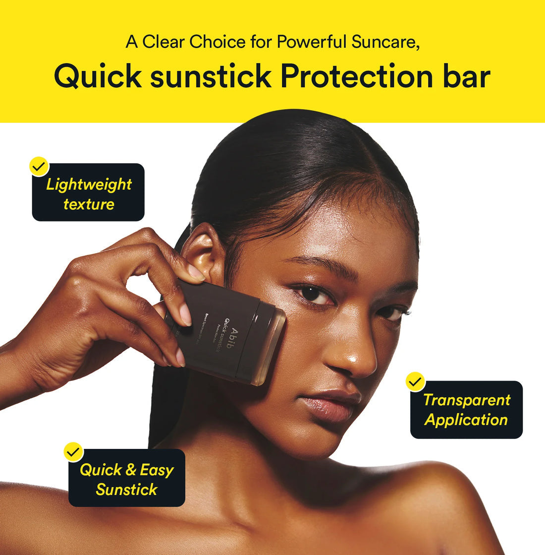 Woman applying sunstick protection bar with text highlighting features on a yellow background