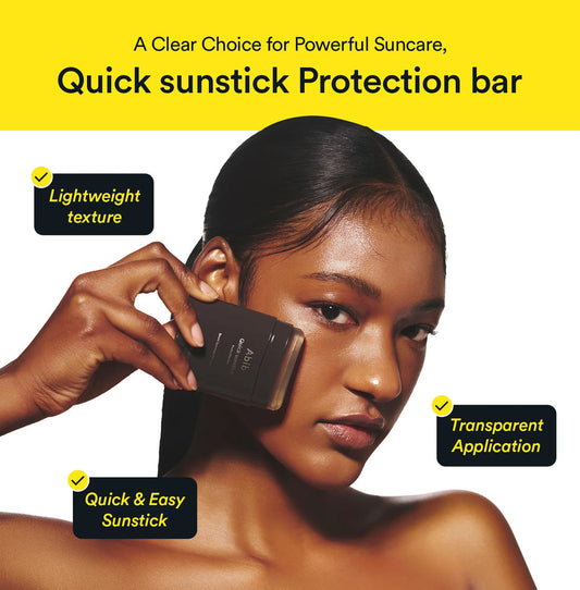 Woman applying sunstick protection bar with text highlighting features on a yellow background