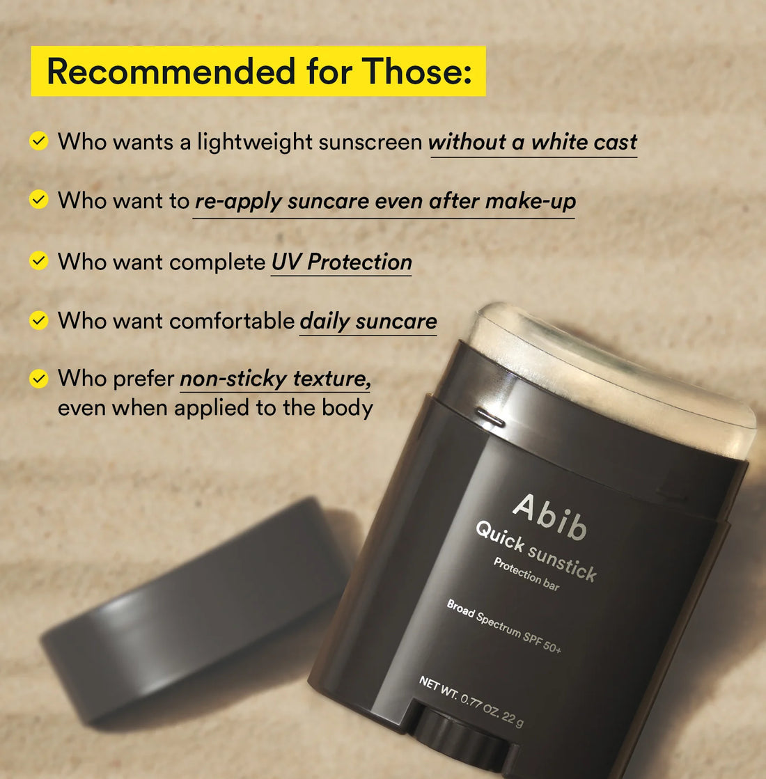 Abib Quick sunstick sunscreen bar with promotional text on a beige background