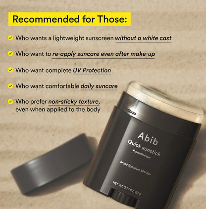 Abib Quick sunstick sunscreen bar with promotional text on a beige background