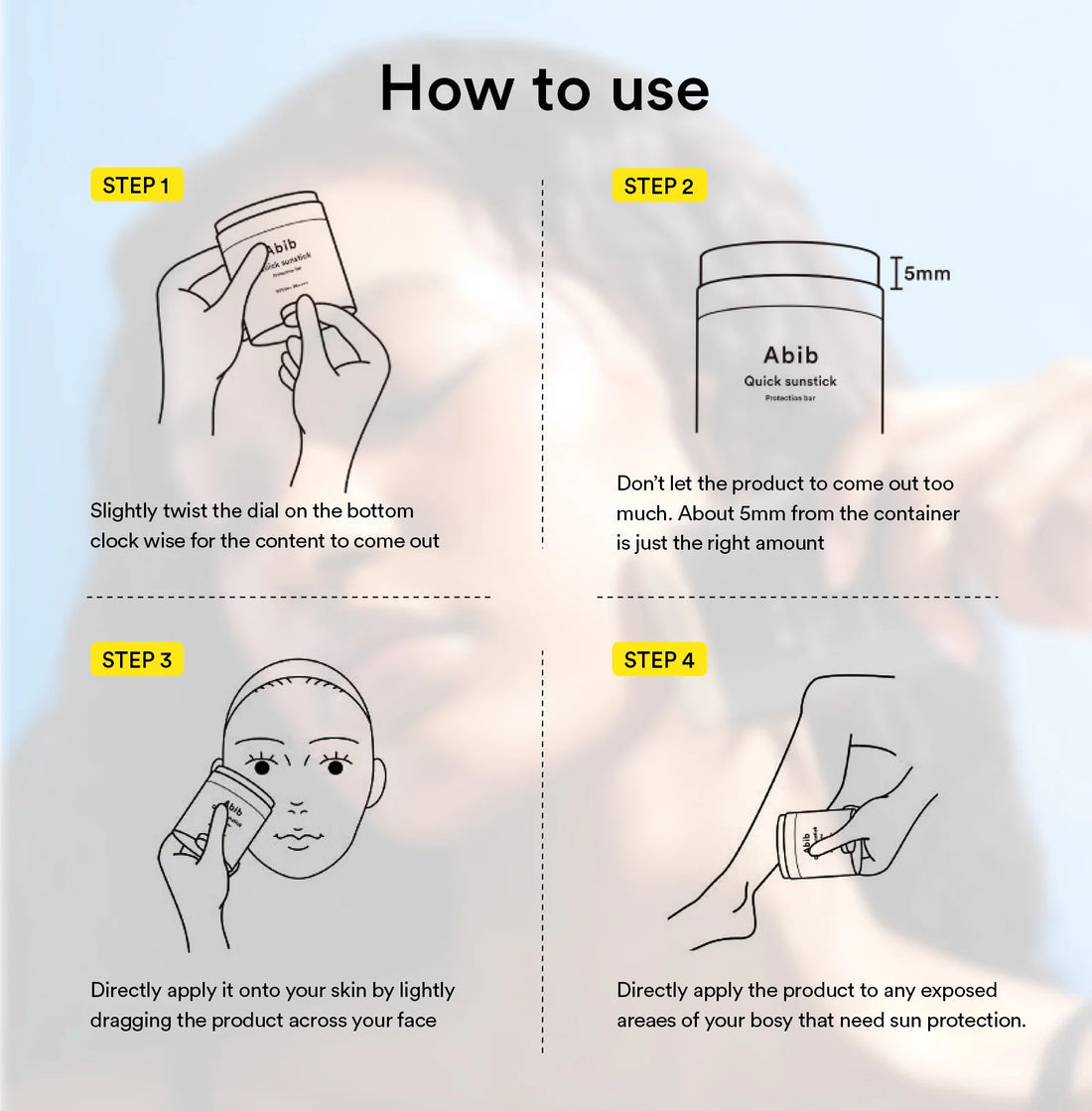 Instructions on how to use a sunstick with labeled steps and product branding.