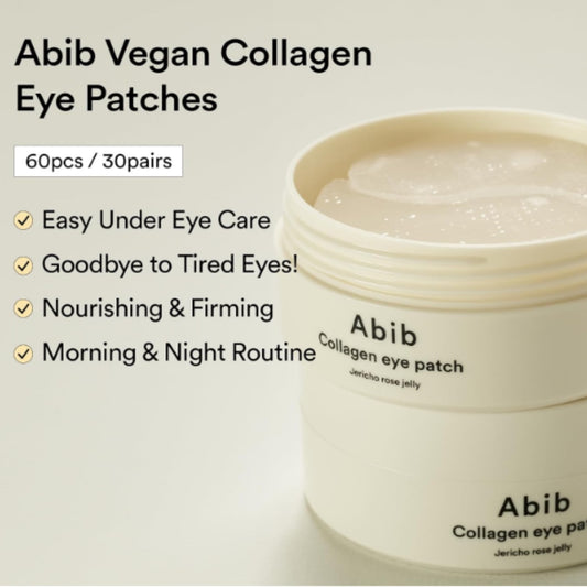 Abib Vegan Collagen Eye Patches jar with product details on a light background