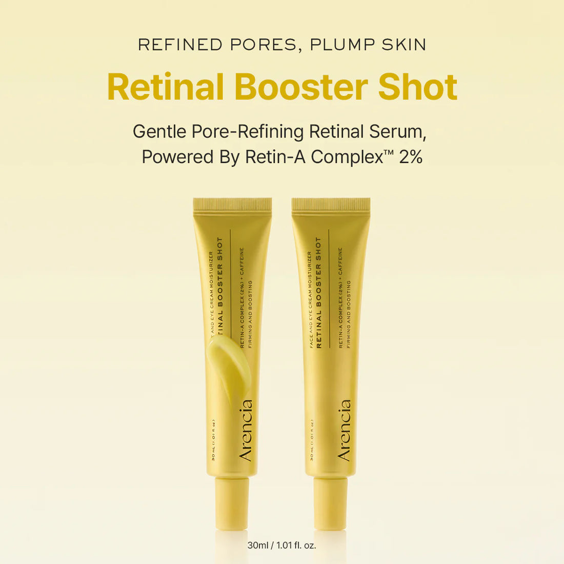 Two tubes of Arancia Retinal Booster Shot on a beige background with product details.