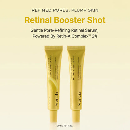 Two tubes of Arancia Retinal Booster Shot on a beige background with product details.