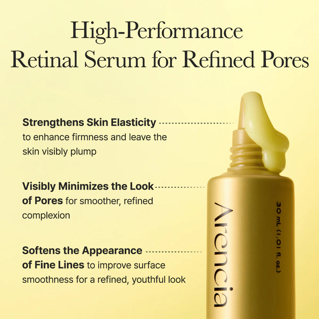 Arencia high-performance retinal serum bottle with text on a yellow background