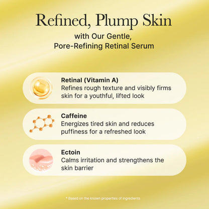 Advertisement for a pore-refining retinal serum with ingredients listed on a yellow background.