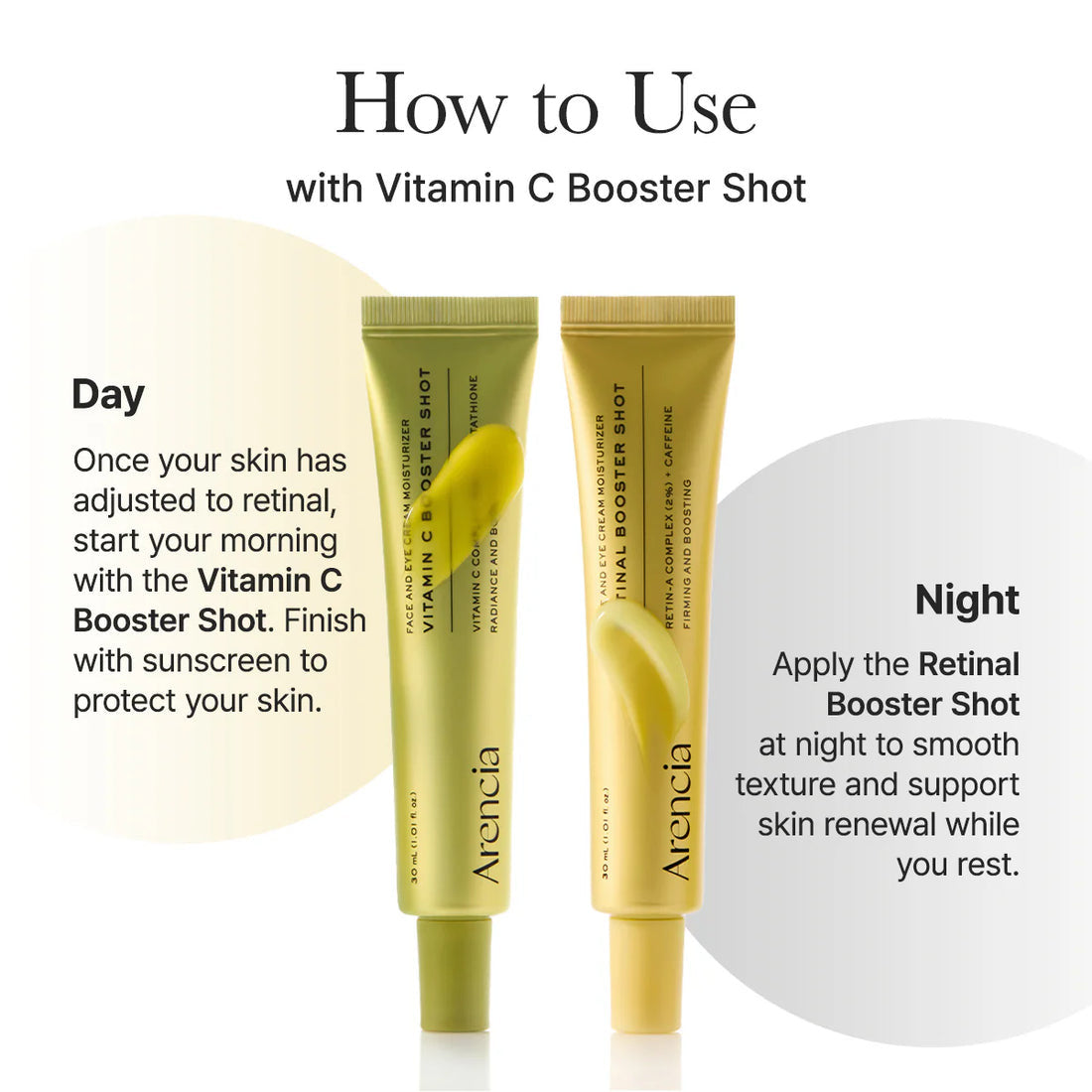 Two Arancia Vitamin C Booster Shot tubes with usage instructions on a white background