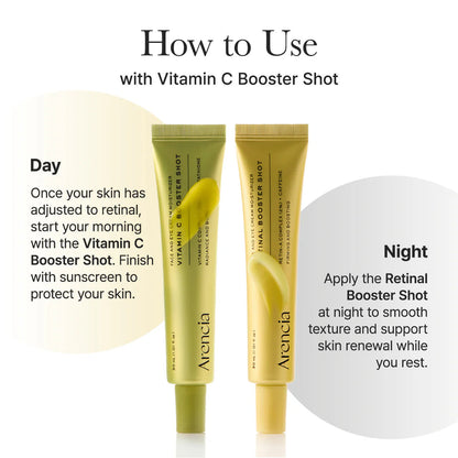 Two Arancia Vitamin C Booster Shot tubes with usage instructions on a white background