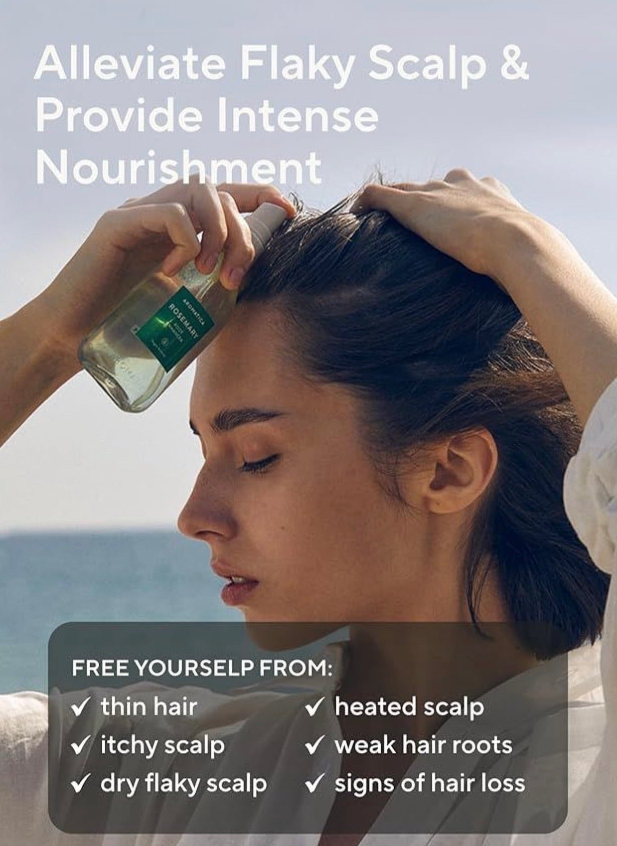 Person applying hair product with text about scalp care and nourishment.
