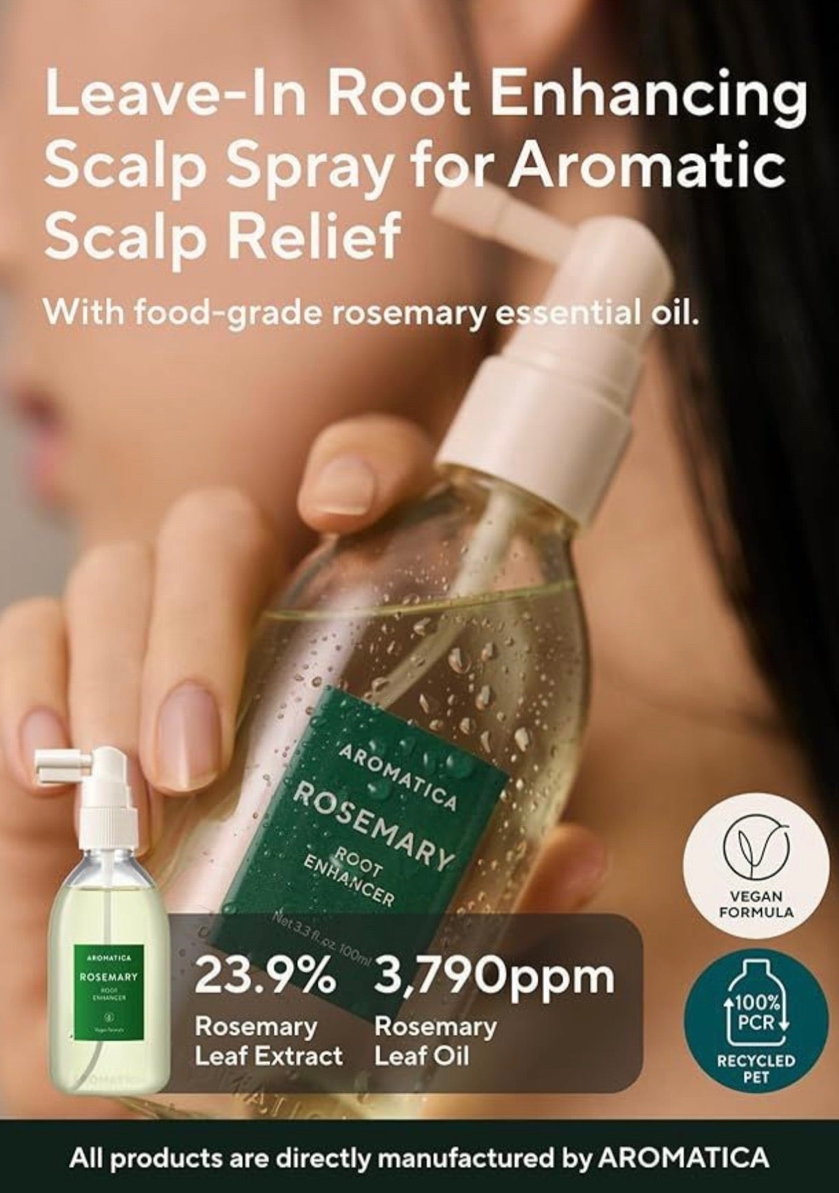 Aromatica Rosemary Root Enhancer spray bottle held by a person with product details on a blurred background.