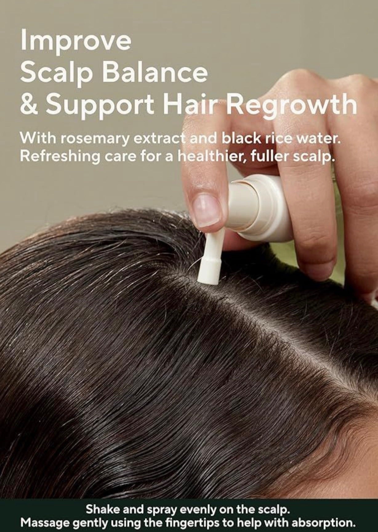 Hand applying a product to hair with text about scalp balance and hair regrowth.