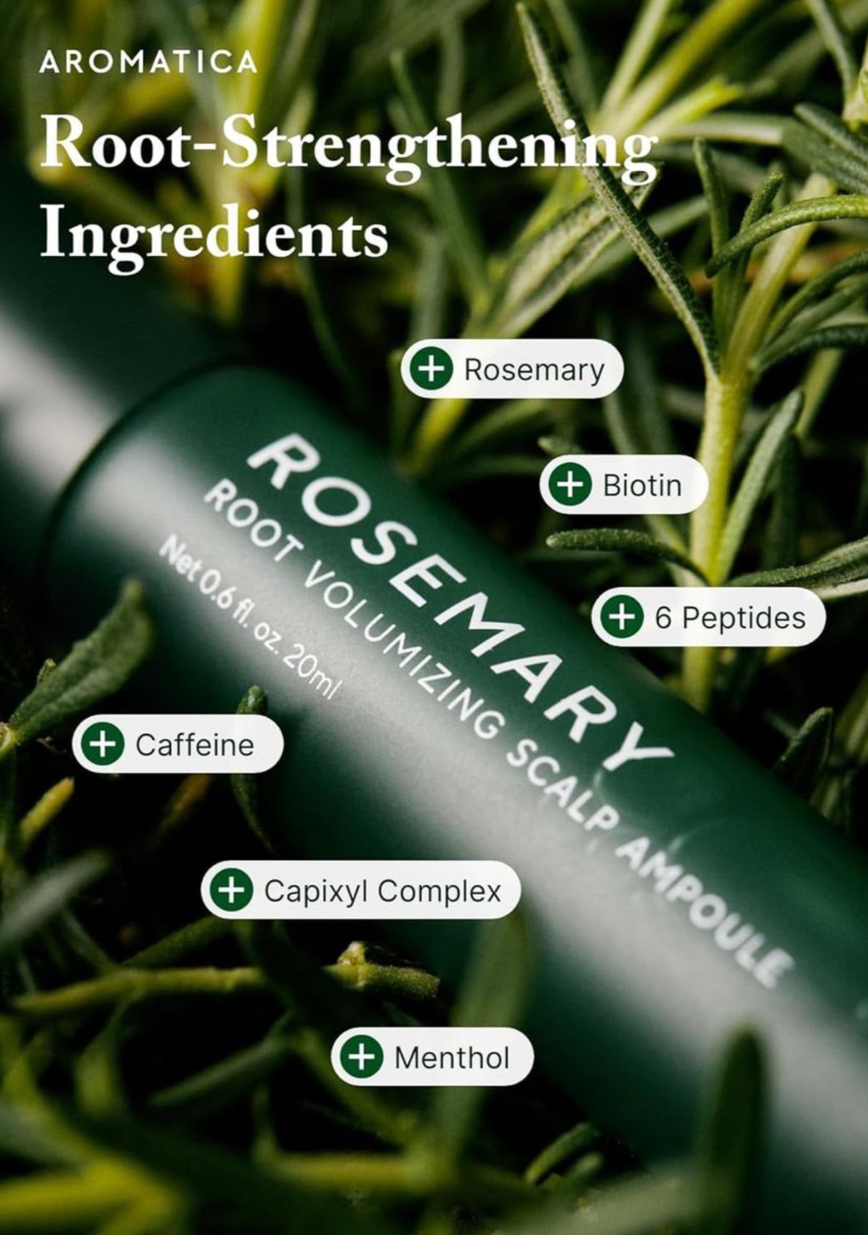 Rosemary root volumizing scalp ampoule with ingredients listed on a green background