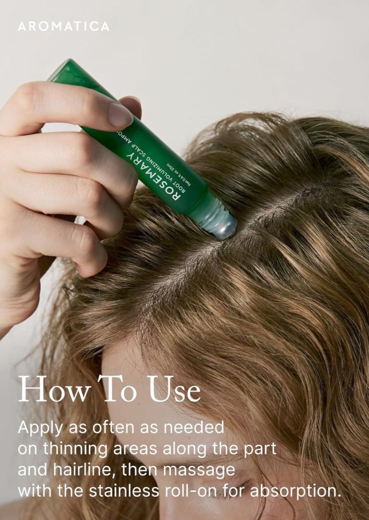 Person applying a green hair product to their hair with text on how to use it.