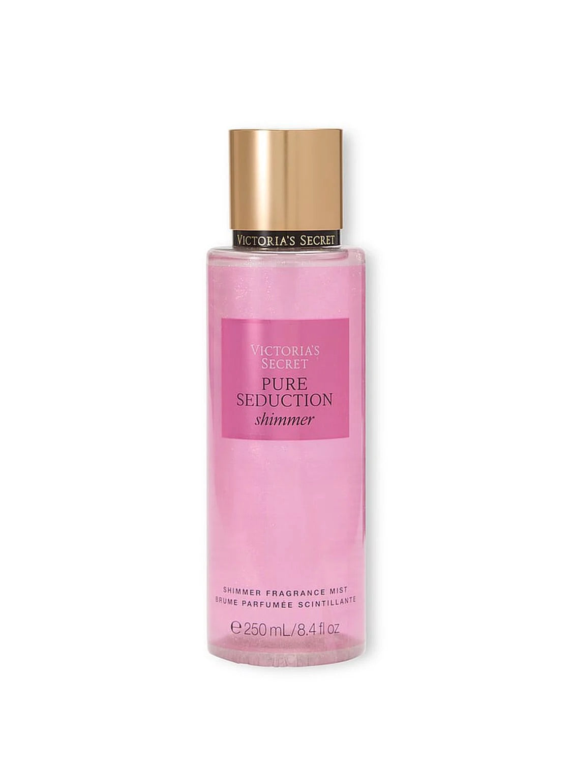 Pink bottle of Victoria's Secret Pure Seduction shower fragrance mist on a white background