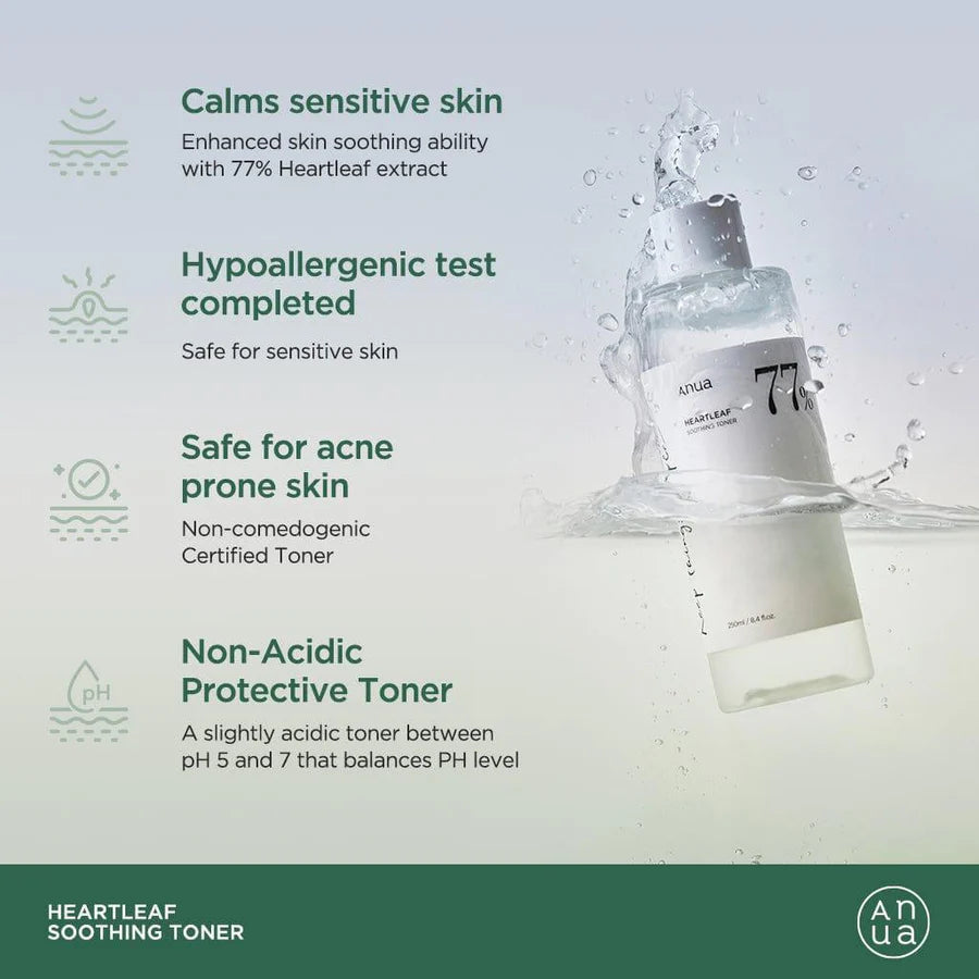 Anua Heartleaf Soothing Toner bottle with product features on a light background