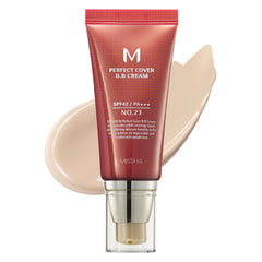 Missha Perfect Cover B.B Cream tube with a swatch on a white background