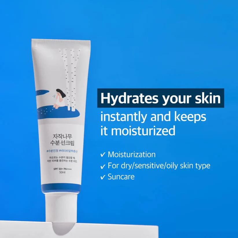 Skincare tube with blue background and text about skin hydration