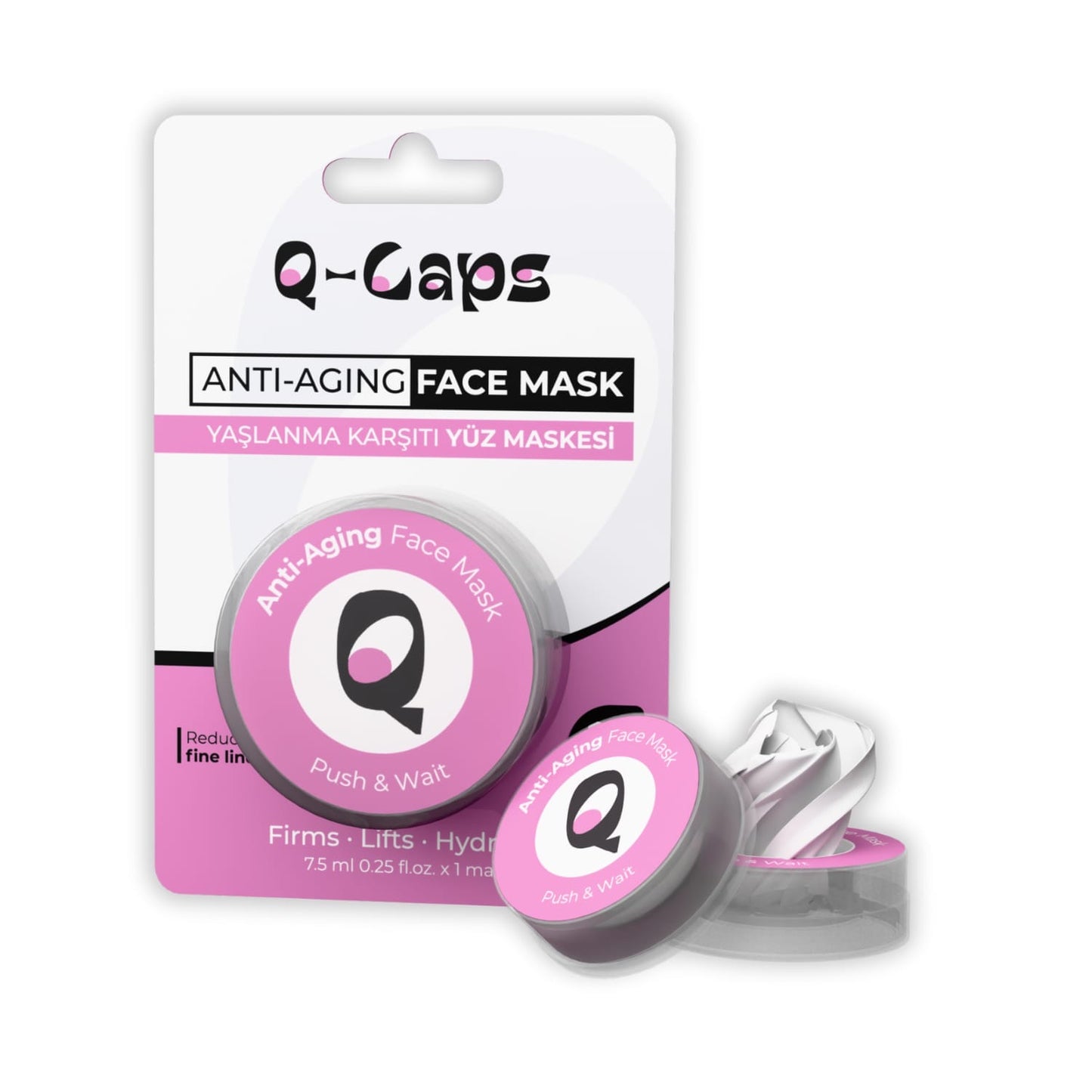 Q-Caps anti-aging face mask packaging on a white background