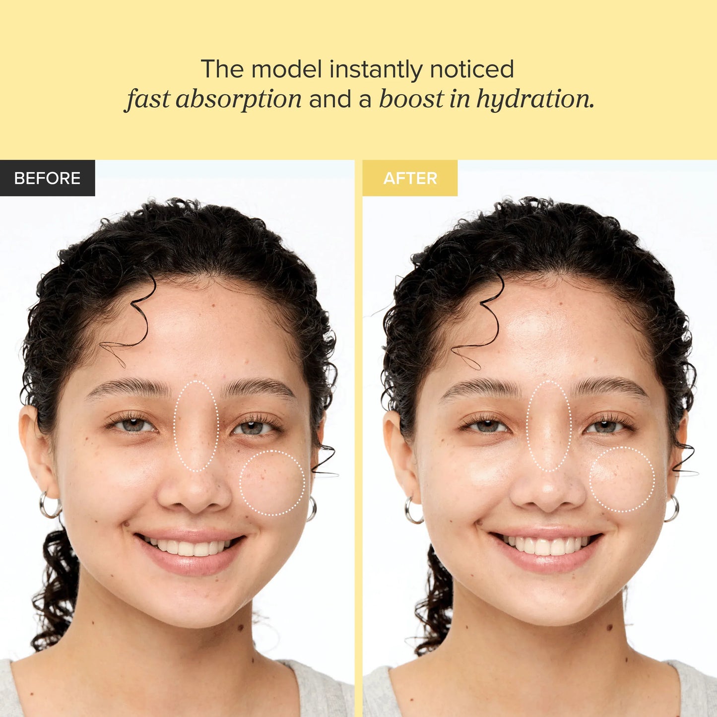 Before and after comparison of a woman's face with text about product absorption and hydration.