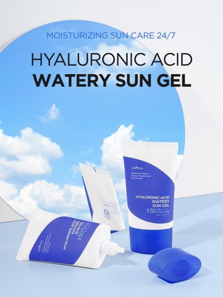 Hyaluronic Acid Watery Sun Gel packaging with a blue sky background