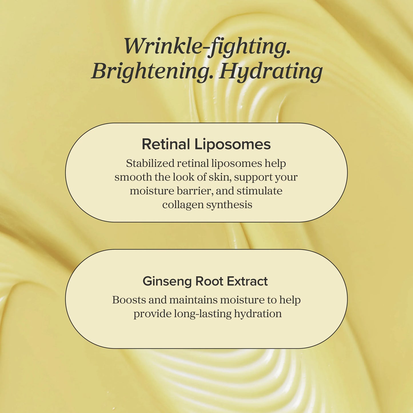 Cosmetic product description with retinal liposomes and ginseng root extract on a yellow background
