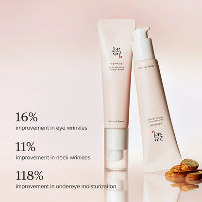 Two skincare products with text on a pink background